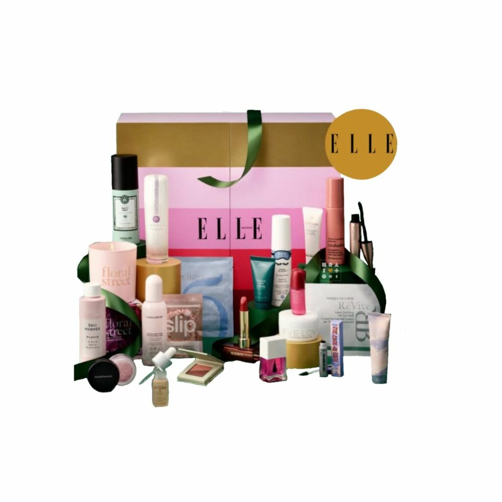 Elle advent calendar 2023 bringing 25 beloved beauty products presented in a beautiful squared box with horizontal lines in shades of pink and gold