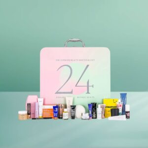 Revolve advent calendar 2023 bringing you 24 beauty products presented in a pastel colored box