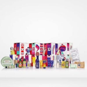 l'Occitane luxury advent calendar 2023 presented in a cubic form with illustrations in vivid colours