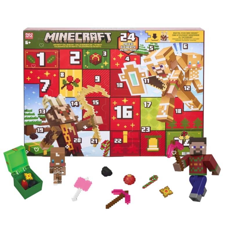 Minecraft Advent Calendar 2026 box standing with its contents in front