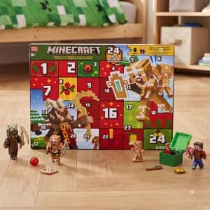Minecraft Advent Calendar 2026 box with the three articulated figures and accessories
