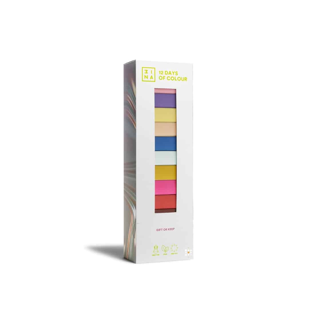 3ina advent calendar 2023 includes 12 full-sized vegan beauty products presented in a tall rectangular and colorful box