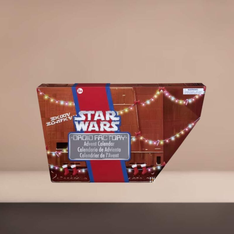 Disney Star Wars advent calendar 2023 containing pieces to build 5 droids, plus one completed droid. Presented in a star wars inspired brown trapezoid box