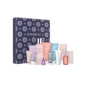 Gatineau advent calendar 2023 presented in a beautiful squared navy blue box patterned with geometrical flowers