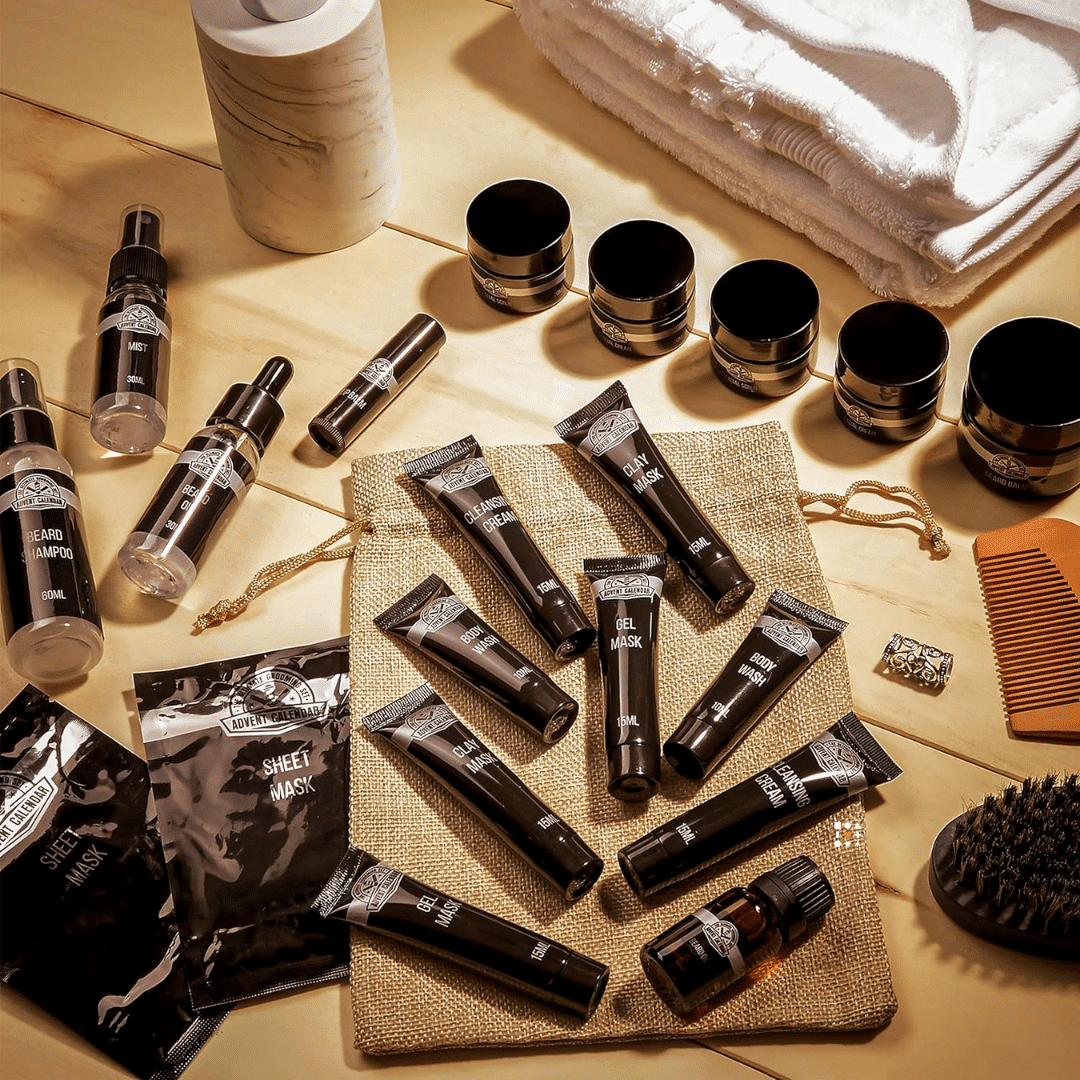 KreativeKraft grooming Advent Calendar for men brings you 24 grooming essentials. presented in a sleek black and silver box