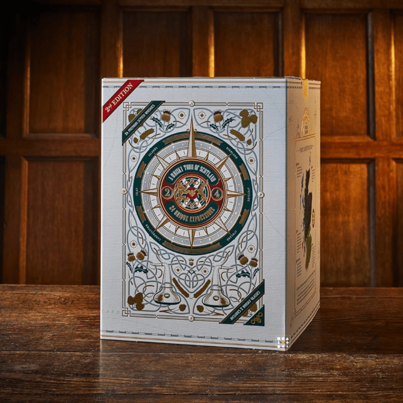 A Whisky Tour of Scotland 2023 advent calendar contains 24 50ml bottles of unique Scotch whiskies presented in a wooden handmade and engraved rectangular cabinet