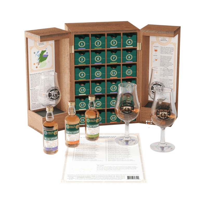 A Whisky Tour of Scotland 2023 advent calendar contains 24 50ml bottles of unique Scotch whiskies presented in a wooden handmade and engraved rectangular cabinet