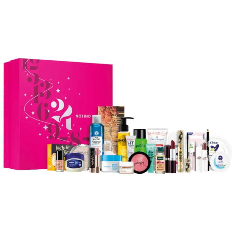 notino advent calendar 2023 beauty multibrand skincare makeup bodycare. Presented in a pink squared box with beautiful lettering illustrations