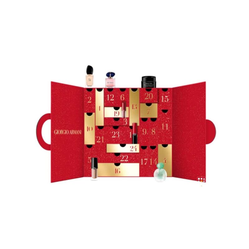 Armani Beauty Advent Calendar 2023 bringing 24 bestselling Armani products presented in an eco-friendly and designed-to-last red and gold squared box