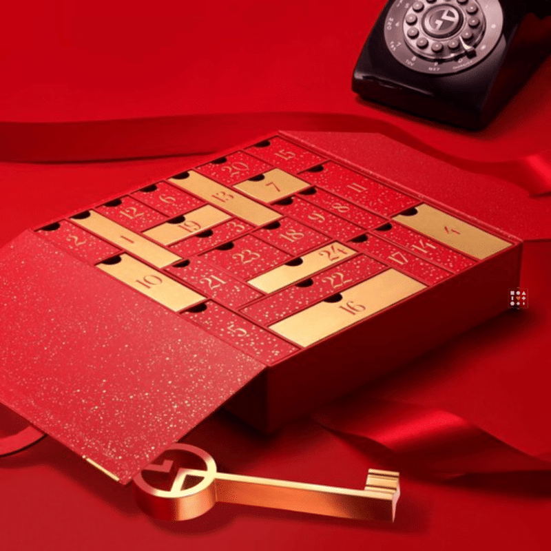 Armani Beauty Advent Calendar 2023 bringing 24 bestselling Armani products presented in an eco-friendly and designed-to-last red and gold squared box