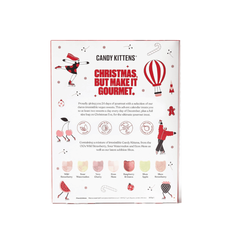 Unleash your taste buds with the Candy Kittens Advent Calendar 2023 including 24 flavorful vegan candies. Presented in a white and red rectangular box with strawberry watermelon and iceskating figures illustrations