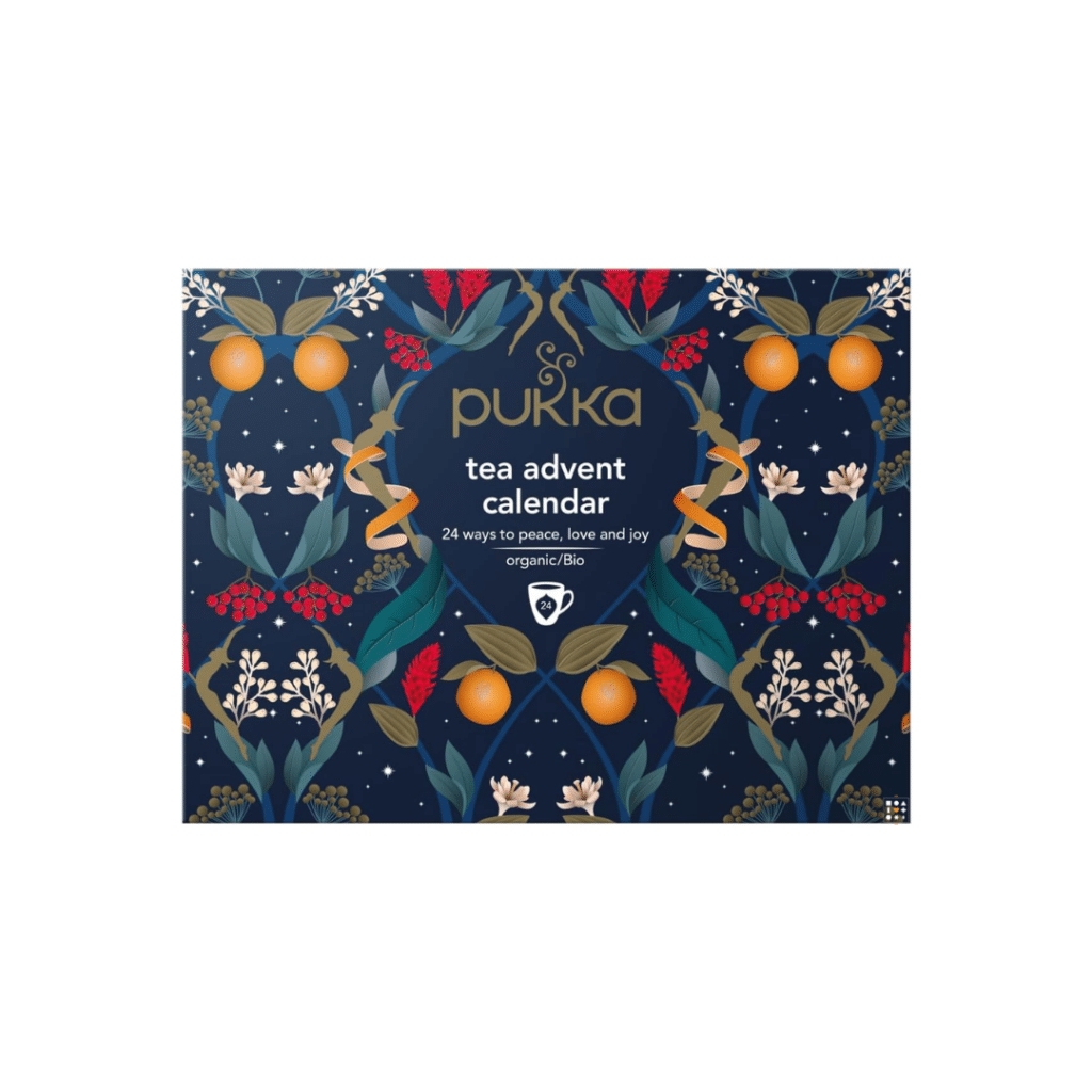Pukka herbs advent calendar includes 24 herbal teas presented in a dark blue rectangular box with herbs and Christmas illustrations