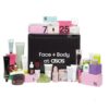 ASOS Advent Calendar - Face + Body 2023 includes 25 face, make-up and beauty surprises packed in a black squared box with pastel colored interior boxes