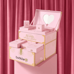 Bubble T Advent Calendar 2025 with 24 bath and body treats like masks, scrubs and lotions in festive packaging for beauty lovers.