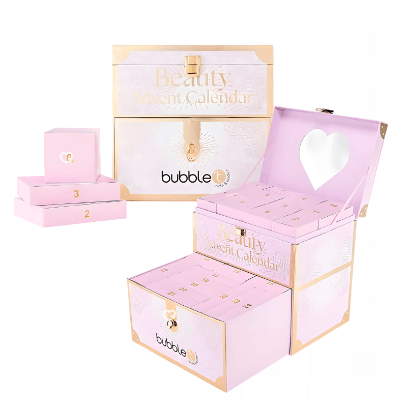 Bubble T Advent Calendar 2025 with 24 bath and body treats like masks, scrubs and lotions in festive packaging for beauty lovers.