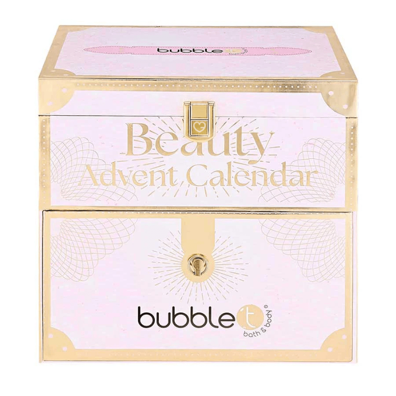 Bubble T Advent Calendar 2025 with 24 bath and body treats like masks, scrubs and lotions in festive packaging for beauty lovers.