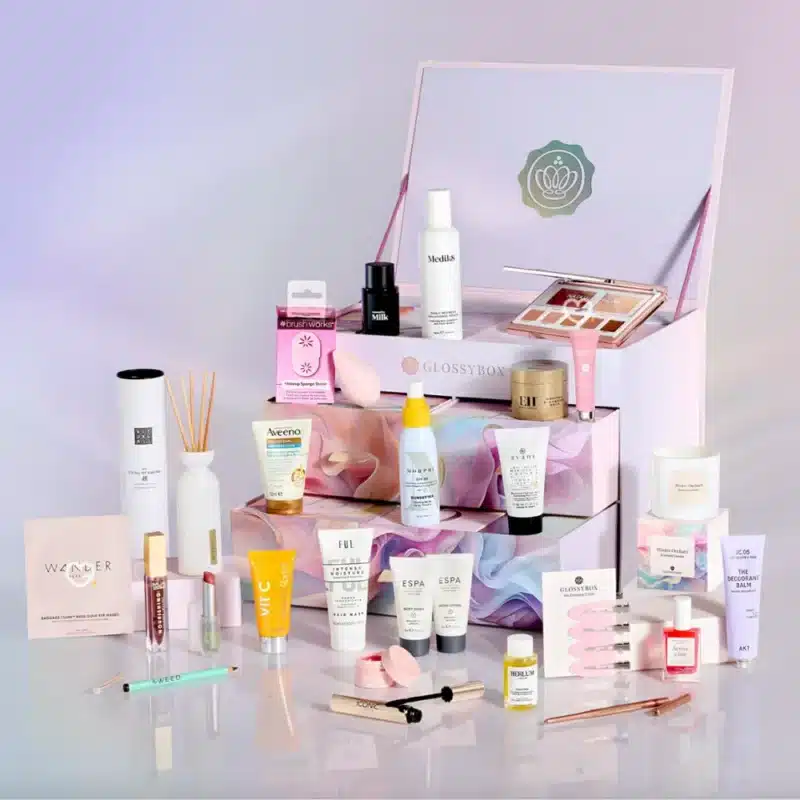 Glossybox Advent Calendar 2025 with 27 beauty treats, including 19 full-sized skincare and makeup surprises for beauty enthusiasts.