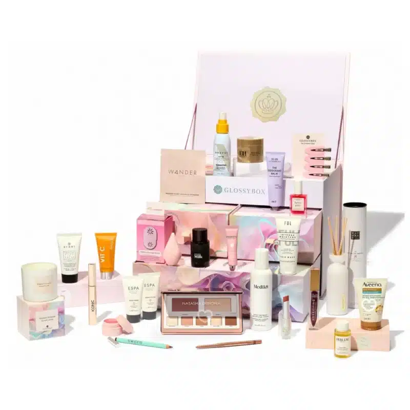 Glossybox Advent Calendar 2025 with 27 beauty treats, including 19 full-sized skincare and makeup surprises for beauty enthusiasts.