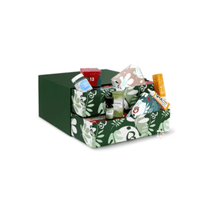 Holland And Barrett advent Calendar 2023 Beauty presented in a green square box with floral illustrations