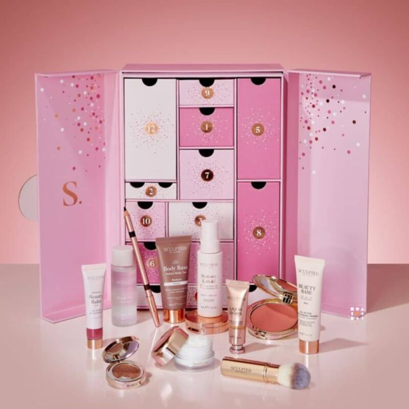 Sculpted by Aimee advent calendar 2023 bringing 12 days of beauty products presented in a charming pink rectangular box