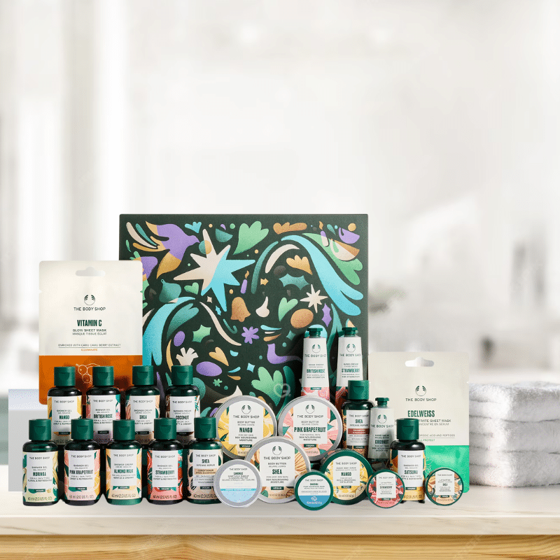 The Body Shop Advent Calendar 2025 with 24 moments of pocket-sized love, mini skincare and body treats for beauty enthusiasts at Christmas.