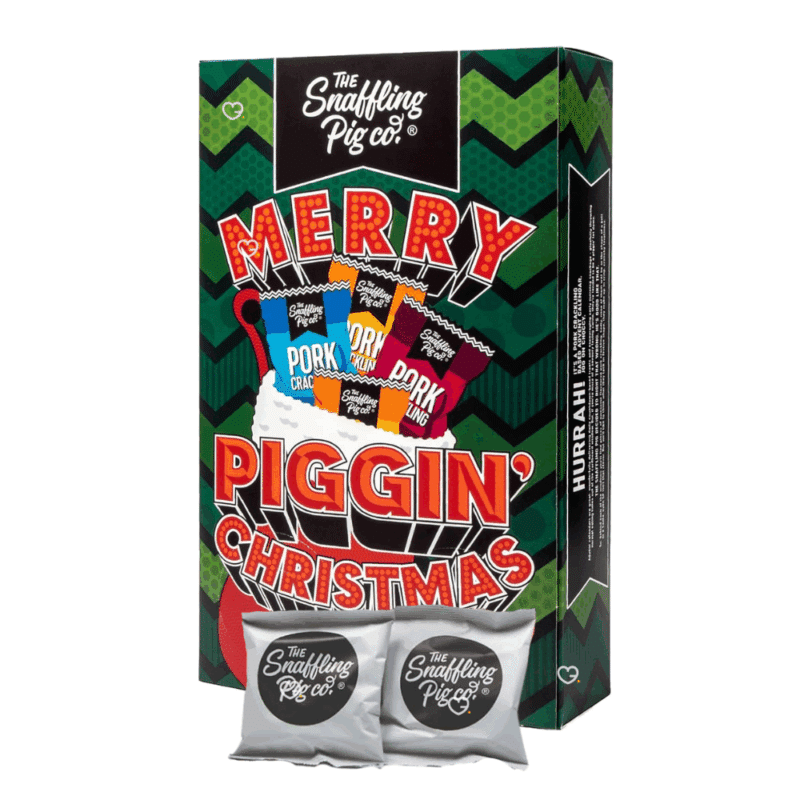 The Snaffling Pig Advent Calendar 2025 filled with 24 delicious packets of pork cracklings delivered in a festive box for adult, man and woman,