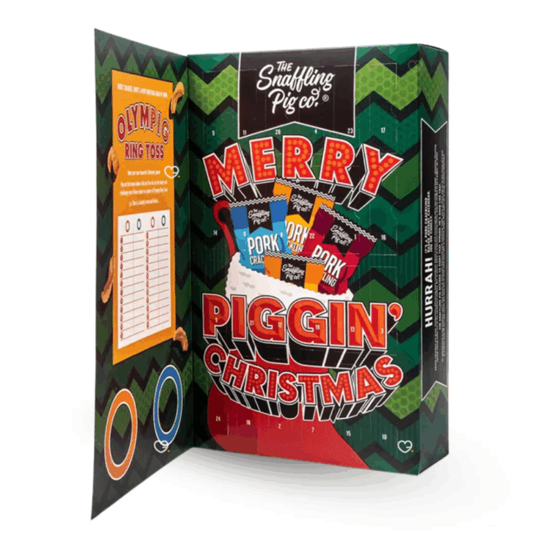 The Snaffling Pig Advent Calendar 2025 filled with 24 delicious packets of pork cracklings delivered in a festive box for adult, man and woman,