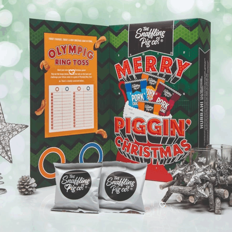 The Snaffling Pig Advent Calendar 2025 filled with 24 delicious packets of pork cracklings delivered in a festive box for adult, man and woman,