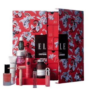 ELLE Beauty 2025 advent calendar presented in a red box with designs by Chopova Lowena and containing beauty products.