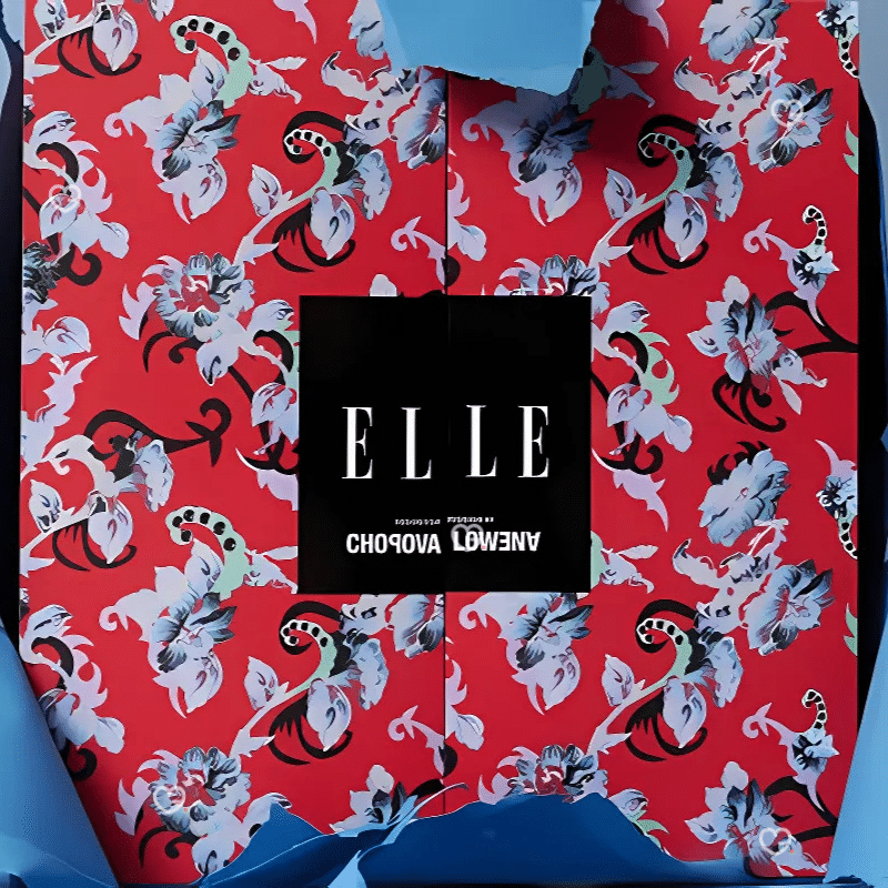 ELLE Beauty 2025 advent calendar presented in a red box with designs by Chopova Lowena and containing beauty products.