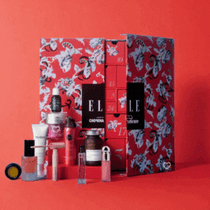 ELLE Beauty 2025 advent calendar presented in a red box with designs by Chopova Lowena and containing beauty products.