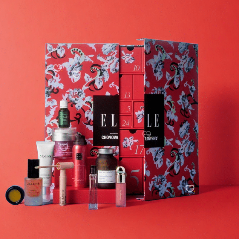 ELLE Beauty 2025 advent calendar presented in a red box with designs by Chopova Lowena and containing beauty products.