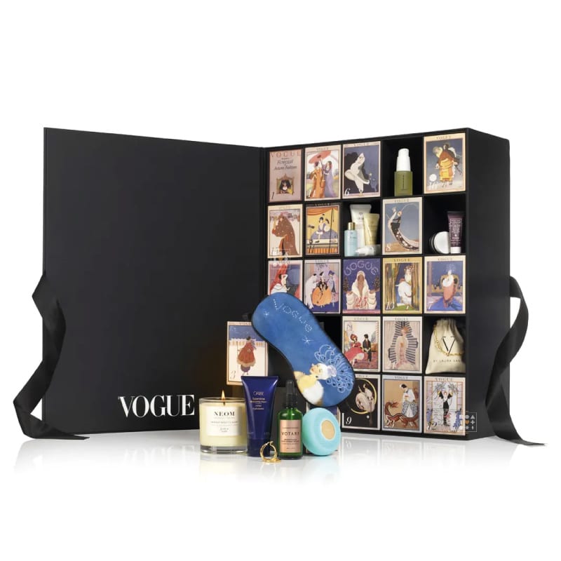 Full content Vogue advent Calendar 2023 featuring 25 drawers filled with luxury fashion, skincare, and lifestyle products