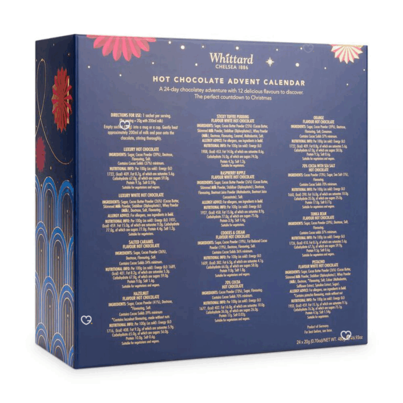 Whittard Hot Chocolate Advent Calendar 2025, it's 24 days of hot chocolate with 12 flavours to discover like Pudding, Mint and Salted Caramel