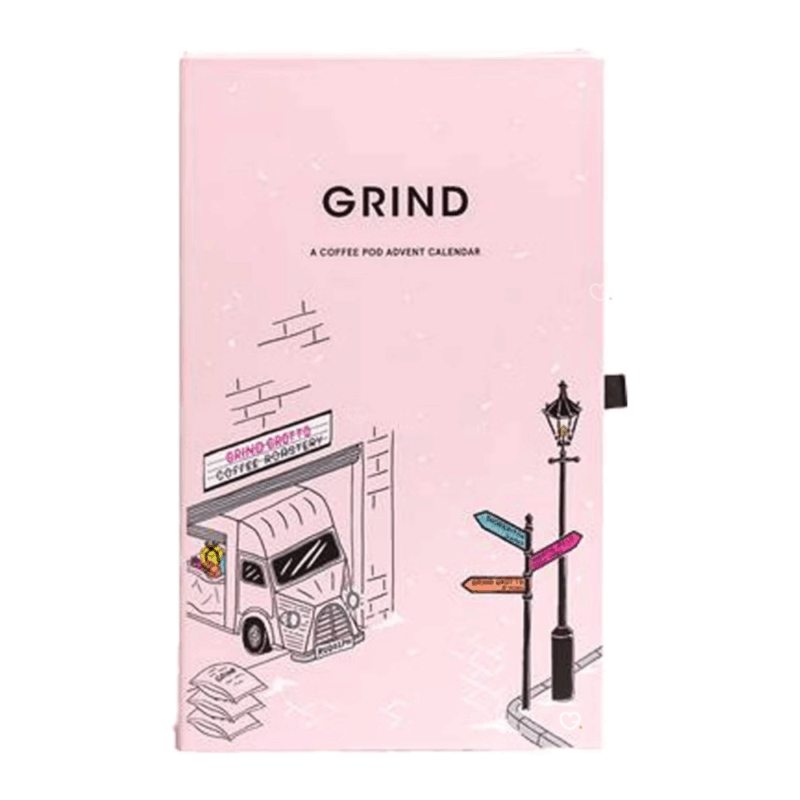 Grind Advent Calendar 2025 : 25 days of exceptional coffee in a pale pink box adorned with a festive street illustration. Enjoy your holiday season, one cup at a time.