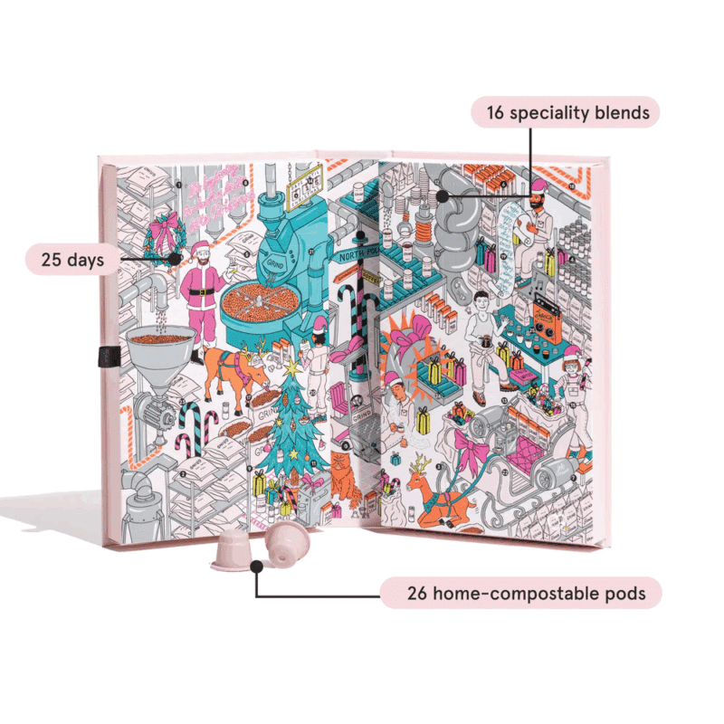 Grind Advent Calendar 2025 : 25 days of exceptional coffee in a pale pink box adorned with a festive street illustration. Enjoy your holiday season, one cup at a time.