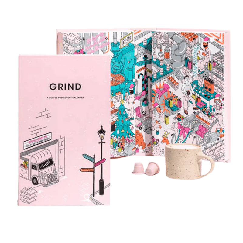 Grind Advent Calendar 2025 : 25 days of exceptional coffee in a pale pink box adorned with a festive street illustration. Enjoy your holiday season, one cup at a time.