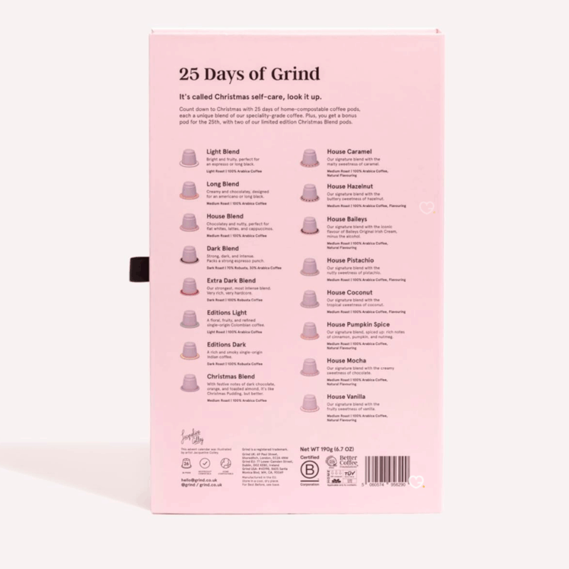 Grind Advent Calendar 2025 : 25 days of exceptional coffee in a pale pink box adorned with a festive street illustration. Enjoy your holiday season, one cup at a time.