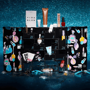 Debenhams Advent Calendar 2025 with 37 beauty treats, 19 full sizes, in a festive red and gold gift box.