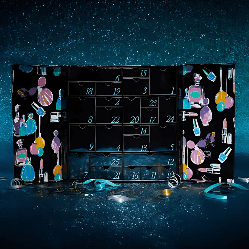 Debenhams Advent Calendar 2025 with 37 beauty treats, 19 full sizes, in a festive red and gold gift box.
