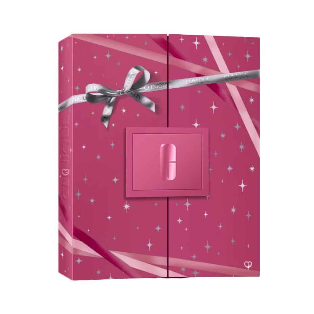 Clinique Advent Calendar 2026 closed box in magenta pink with Clinique ribbon on a white background