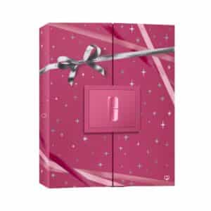 Clinique Advent Calendar 2026 closed box in magenta pink with Clinique ribbon on a white background