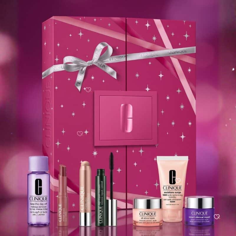 Clinique Advent Calendar 2026 skincare and makeup advent calendar with seven hero products styled on a magenta background