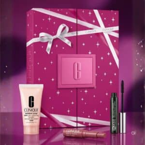 Clinique Advent Calendar 2026 beauty advent calendar with Moisture Surge 100H, Almost Lipstick in Pink Honey and High Impact Mascara on a sparkling magenta background