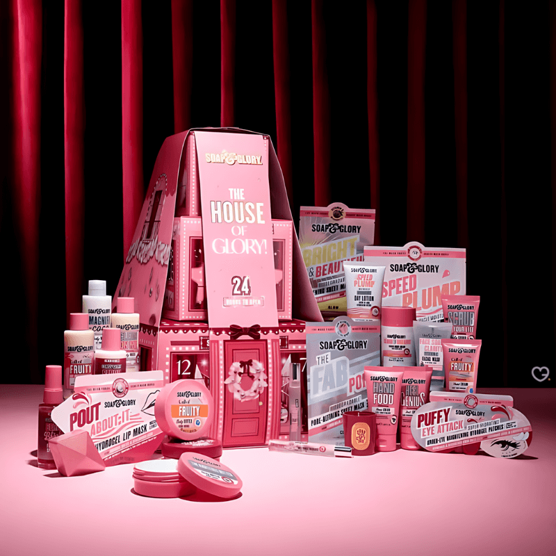 Soap & Glory Advent Calendar 2025 with 24 mini skincare and bodycare treats in pink festive packaging, perfect for beauty-loving women.