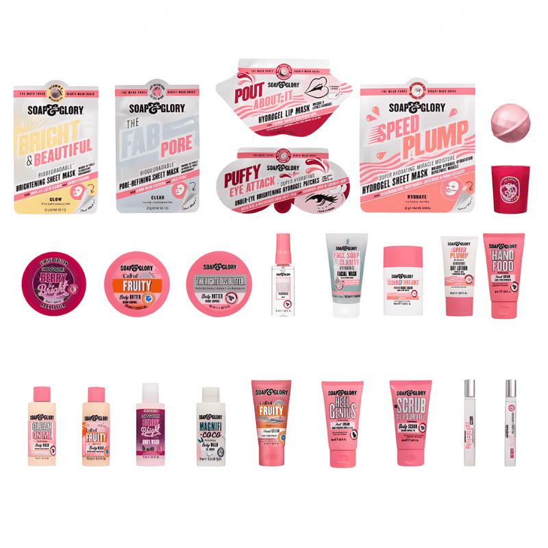 Soap & Glory Advent Calendar 2025 with 24 mini skincare and bodycare treats in pink festive packaging, perfect for beauty-loving women.