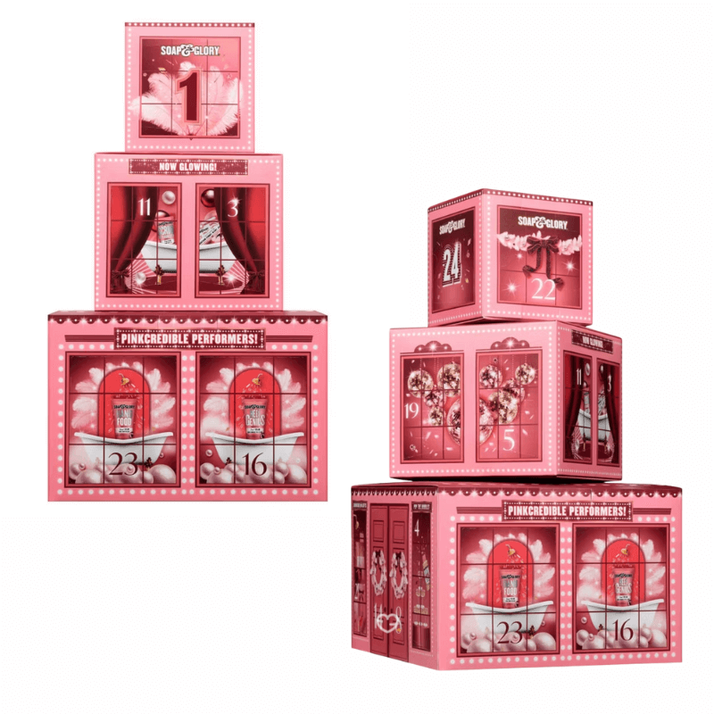 Soap & Glory Advent Calendar 2025 with 24 mini skincare and bodycare treats in pink festive packaging, perfect for beauty-loving women.