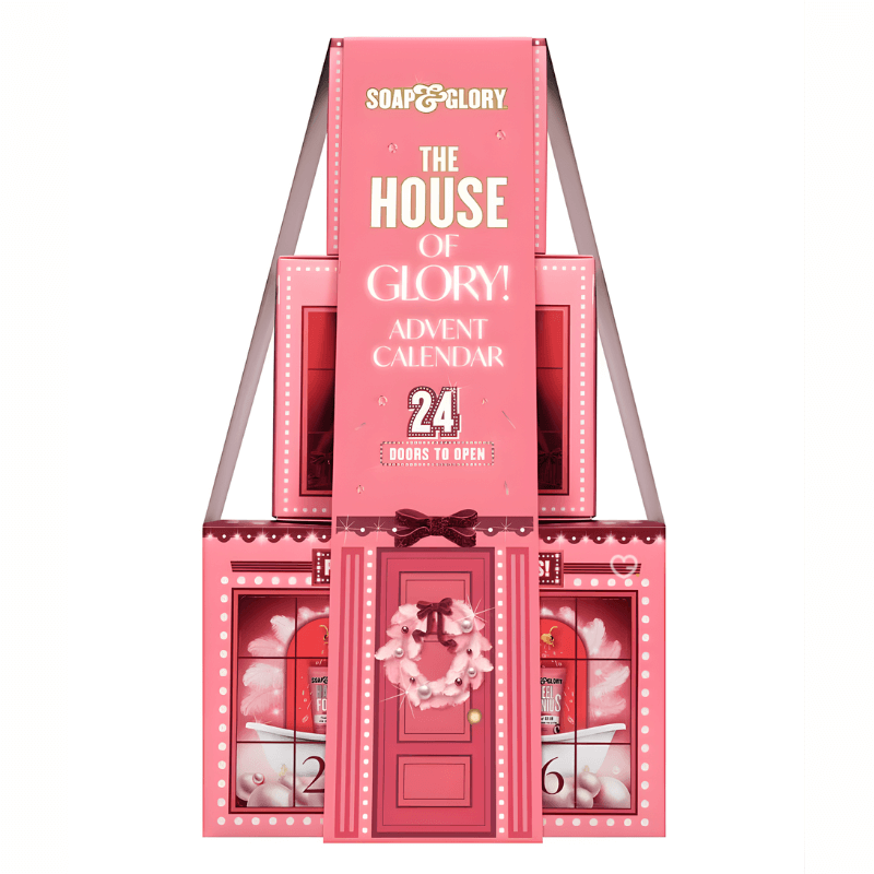 Soap & Glory Advent Calendar 2025 with 24 mini skincare and bodycare treats in pink festive packaging, perfect for beauty-loving women.