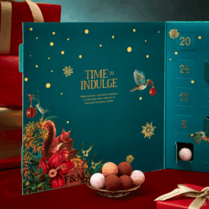 Fortnum’s Chocolate Truffle Advent Calendar 2025 in deep teal blue-green festive box with 25 luxury truffles including exclusives.