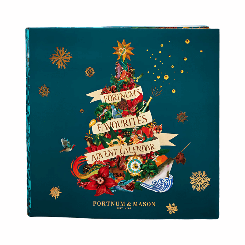 Fortnum’s Chocolate Truffle Advent Calendar 2025 in deep teal blue-green festive box with 25 luxury truffles including exclusives.